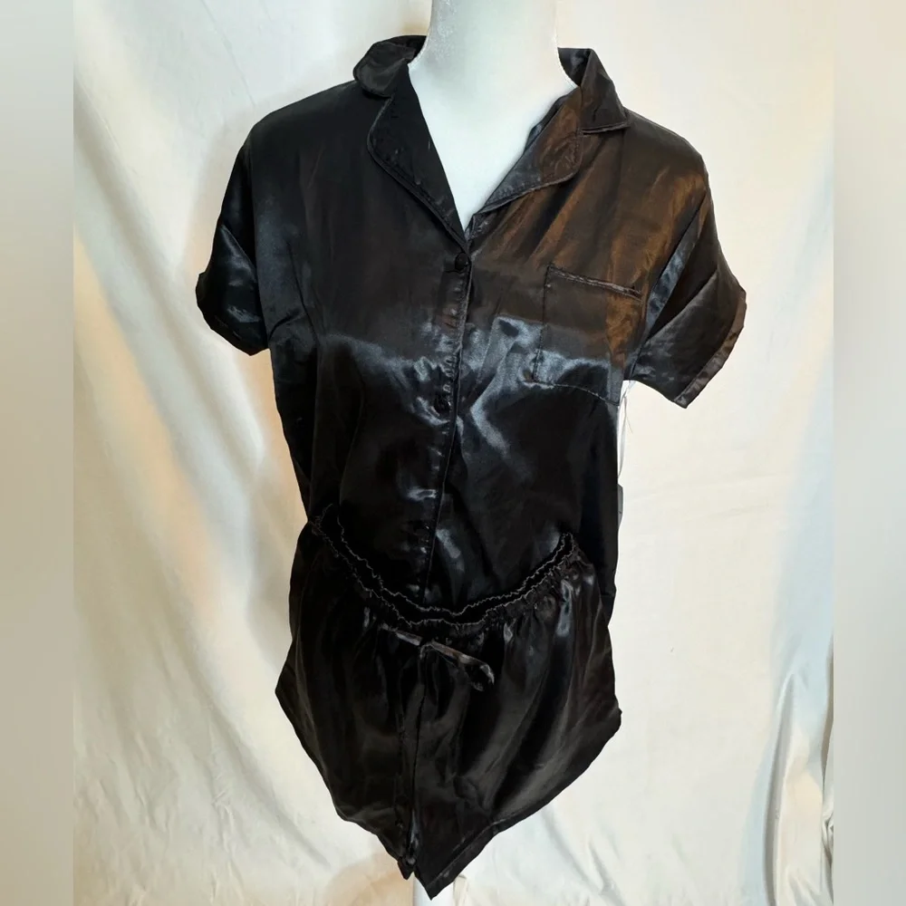 Women JV joan vass black shine two piece pajama set size M - Picture 6 of 6